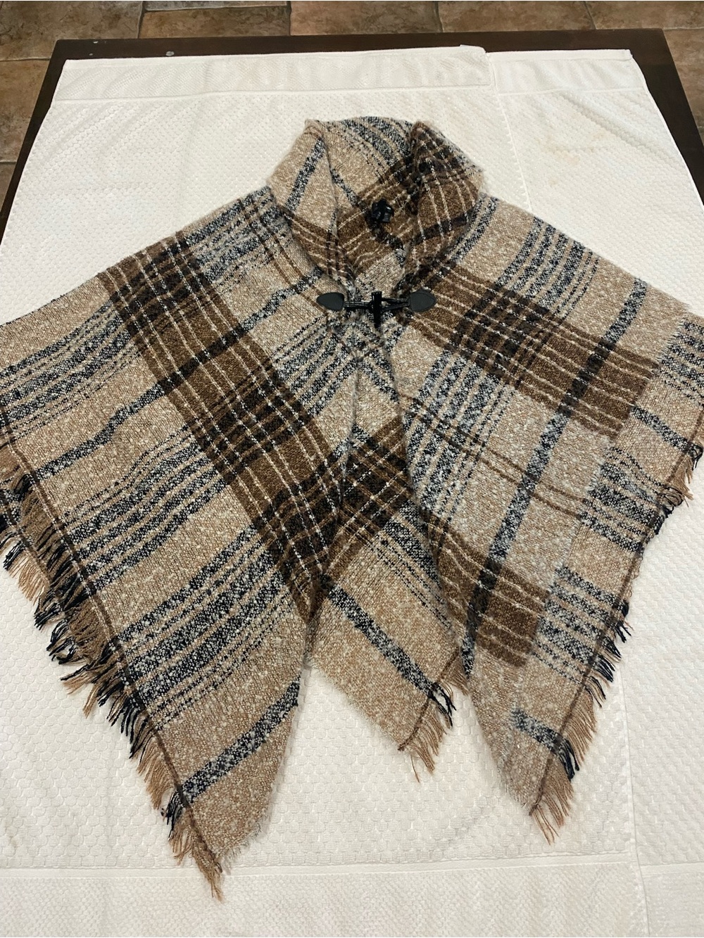 Plaid Toggle Poncho in Tan, Brown & Black